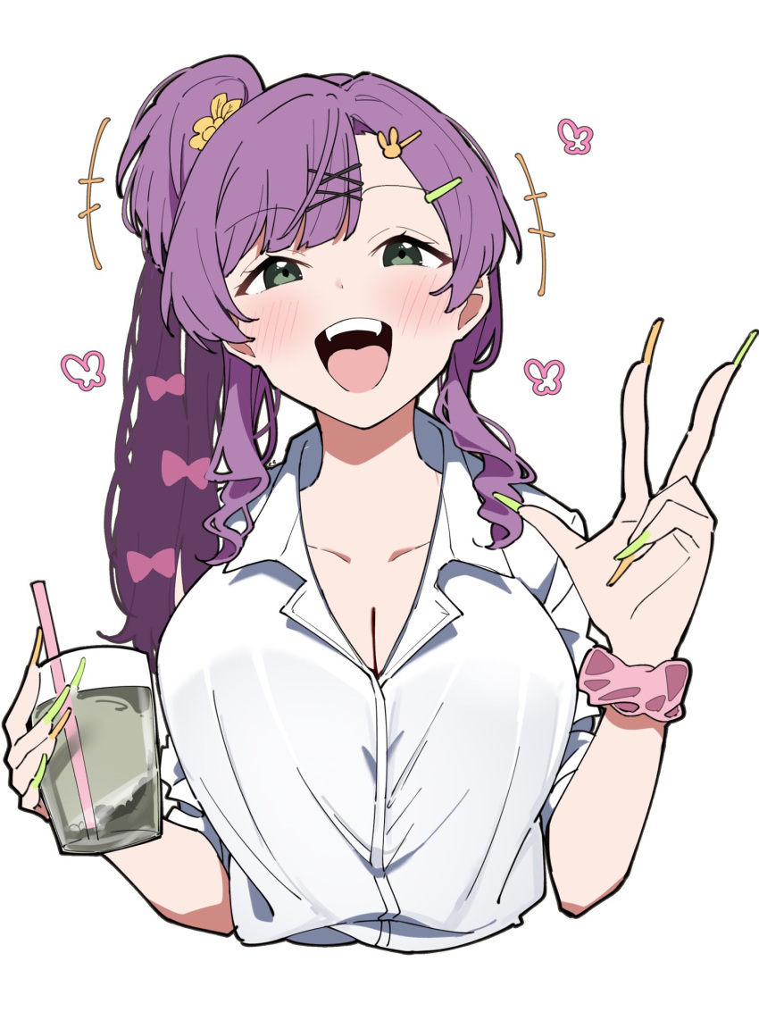 +++ 1girl blush breasts cleavage collarbone collared_shirt commentary_request cropped_torso drink drinking_straw fake_nails green_eyes green_nails gyaru highres holding holding_drink link!_like!_love_live! liz_(piyoko_piyop) long_hair looking_at_viewer love_live! medium_breasts open_mouth orange_nails otomune_kozue scrunchie shirt side_ponytail sidelocks solo swept_bangs tareme upper_body virtual_youtuber w white_background white_shirt wrist_scrunchie