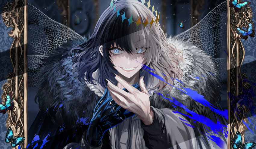 1boy antinese arthropod_boy black_hair blue_eyes bug cape cloak collared_shirt crown diamond_hairband dragonfly_wings dual_persona fate/grand_order fate_(series) fur-trimmed_cape fur-trimmed_cloak fur_trim grey_hair highres insect_wings long_sleeves looking_at_viewer male_focus medium_hair multicolored_hair oberon_(fate) oberon_(third_ascension)_(fate) official_alternate_hair_color shirt smile solo split-color_hair upper_body white_shirt wings