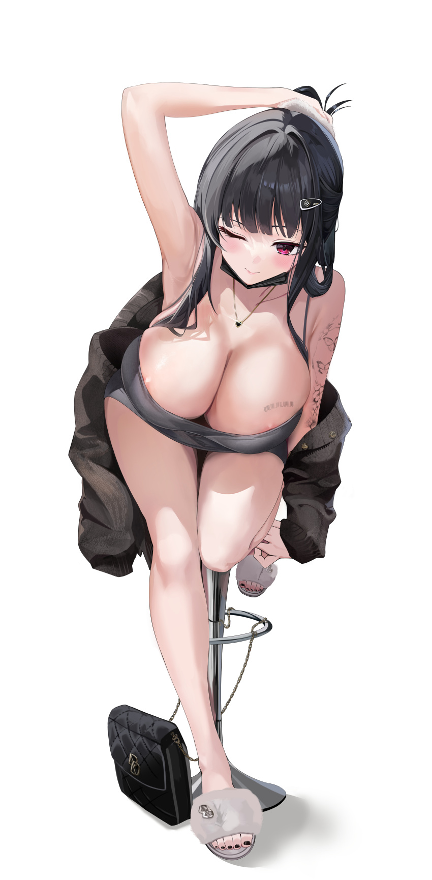 1girl absurdres areola_slip armpits bag bare_shoulders black_hair black_nails blush breasts cleavage d_(killer_wife)_(nikke) d_(nikke) dress goddess_of_victory:_nikke grey_dress hair_ornament hairclip handbag hido_(cherryhido) highres jewelry large_breasts leg_up long_hair nail_polish necklace off_shoulder one_eye_closed purple_eyes slippers smile solo stool tattoo toenail_polish toenails