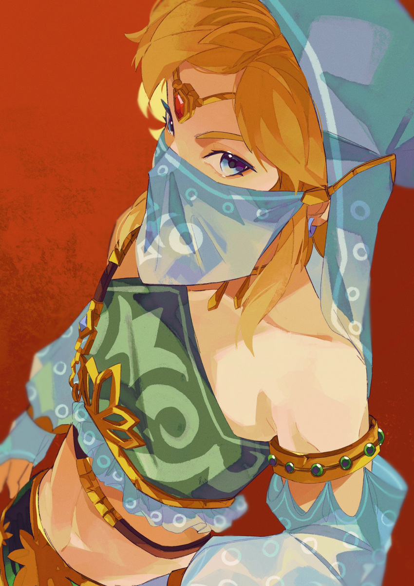 1boy bare_shoulders blonde_hair blue_eyes blue_mask blue_sleeves crop_top crossdressing detached_sleeves earrings from_above gerudo_set_(zelda) green_shirt halterneck harem_outfit highres jewelry link looking_at_viewer male_focus mask medium_hair midriff mouth_mask pisu_1107 red_background shirt solo the_legend_of_zelda the_legend_of_zelda:_breath_of_the_wild tiara