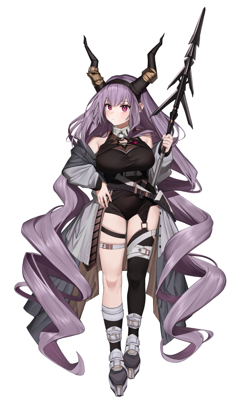 1girl absurdres arknights arrow_(projectile) asymmetrical_legwear bare_shoulders black_hairband black_shirt black_thighhighs breasts cleavage commentary_request drill_hair full_body grey_jacket hairband hand_on_own_hip hand_up highres holding holding_arrow horns jacket korean_commentary large_breasts long_hair long_sleeves looking_at_viewer off_shoulder open_clothes purple_eyes purple_hair shirt sidelocks simple_background single_thighhigh sleeveless sleeveless_shirt soda_(sod4) solo standing thighhighs typhon_(arknights) uneven_legwear very_long_hair white_background