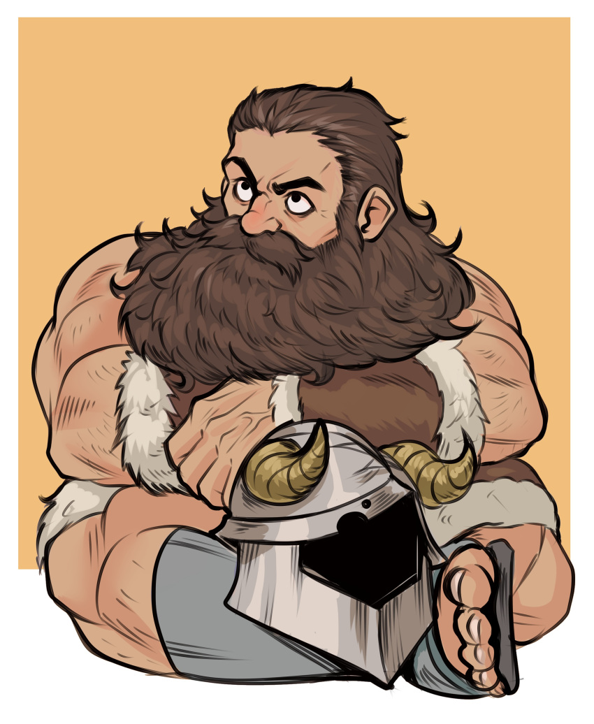 1boy absurdres bara beard beard_over_mouth brown_hair crossed_legs dungeon_meshi dwarf facial_hair fake_horns frown full_body helmet highres horned_helmet horns long_beard looking_to_the_side male_focus mature_male muscular muscular_male senshi_(dungeon_meshi) sitting solo tazahan thick_eyebrows thick_mustache unworn_headwear unworn_helmet veins veiny_hands very_long_beard wrinkled_skin