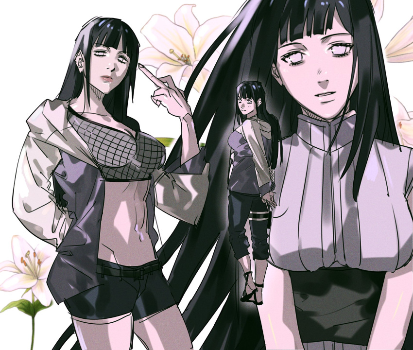 1girl abs arms_behind_back black_footwear black_hair black_pants black_shorts blunt_bangs breasts cleavage cowboy_shot crop_top fishnet_top fishnets floral_background flower highres hime_cut hyuuga_hinata itachi3413 jacket large_breasts lily_(flower) long_hair long_sleeves looking_at_viewer looking_back middle_finger midriff multicolored_clothes multicolored_jacket multiple_views naruto_(series) pants parted_lips purple_jacket sandals short_shorts shorts sidelocks solo two-tone_jacket v_arms white_eyes white_flower white_jacket