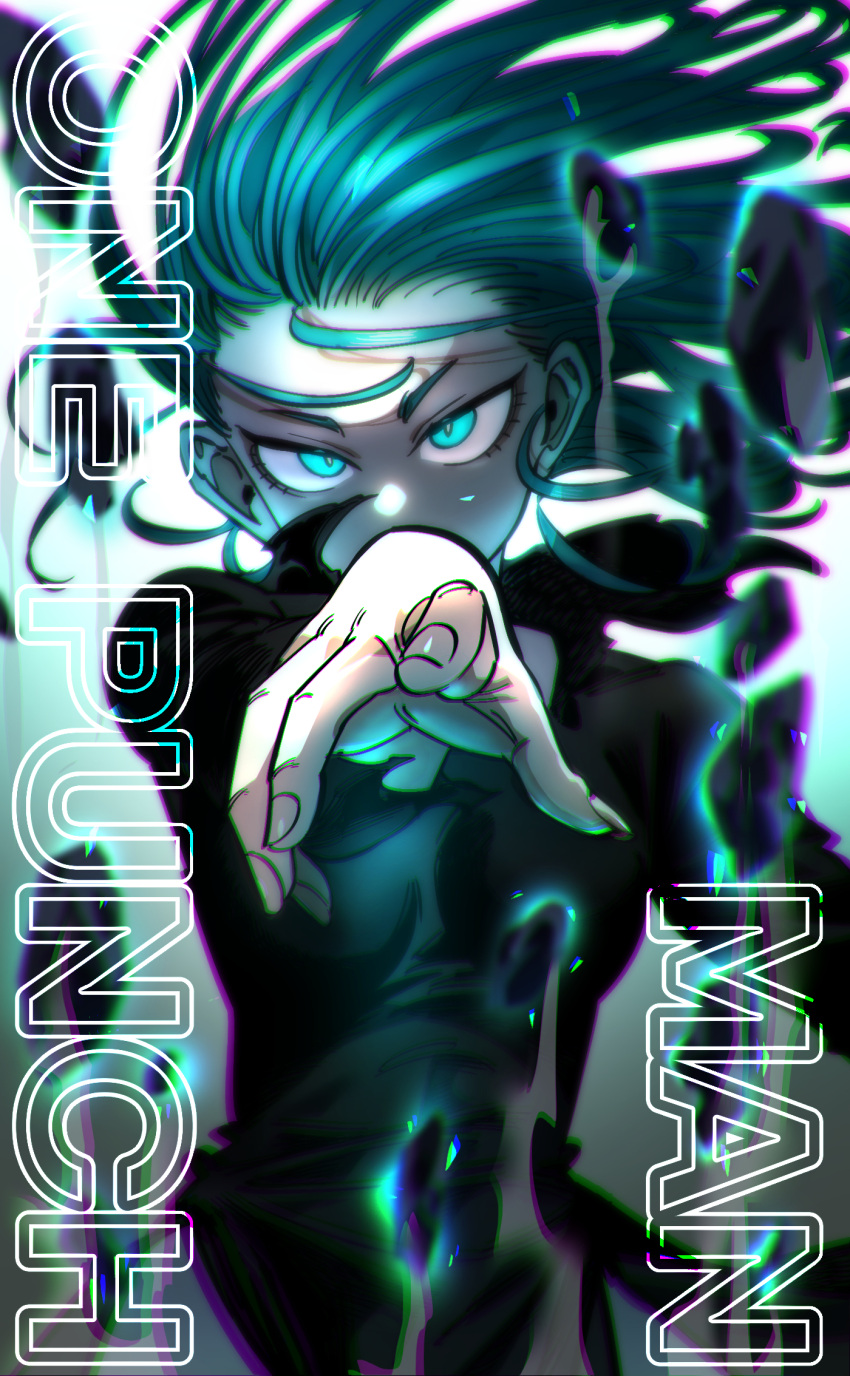 1girl aqua_eyes aqua_hair black_dress chromatic_aberration copyright_name dress floating_hair highres long_hair long_sleeves looking_at_viewer margare one-punch_man solo straight_hair tatsumaki