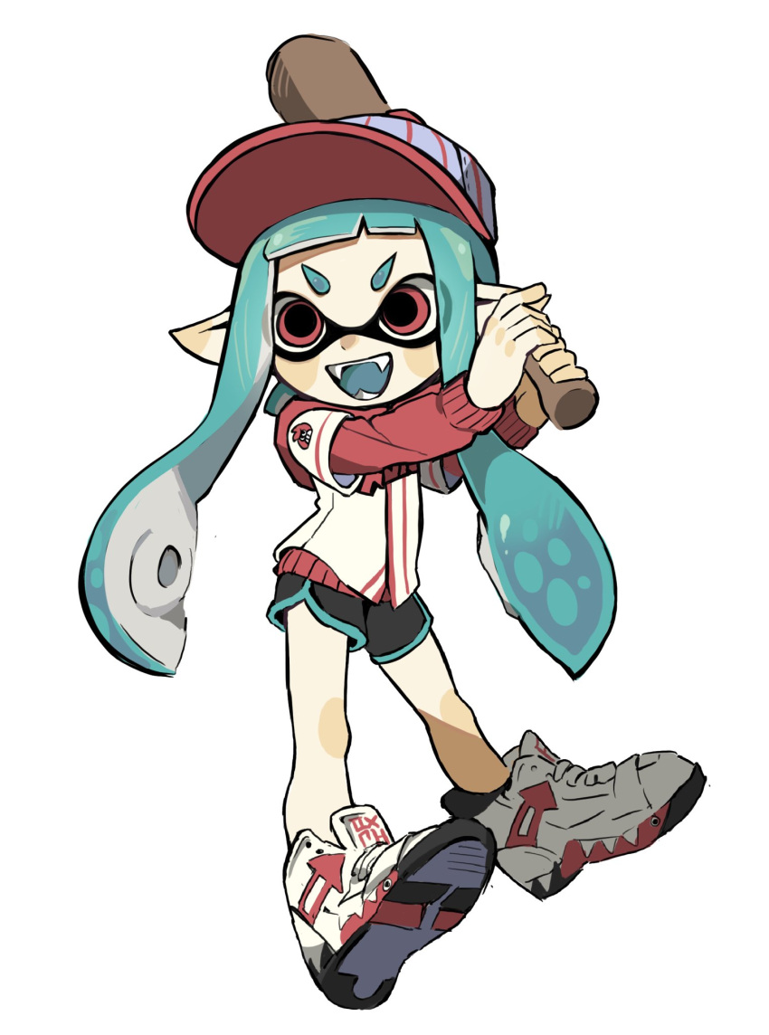 1girl baseball_bat baseball_cap black_shorts blue_hair blue_trim cross-laced_footwear dolphin_shorts fangs full_body hat highres holding holding_baseball_bat inkling inkling_girl inkling_player_character long_hair open_mouth pointy_ears red_eyes shoes shorts simple_background smile solo splatoon_(series) teeth tentacle_hair white_background white_footwear yabi_(akfkzkcl)