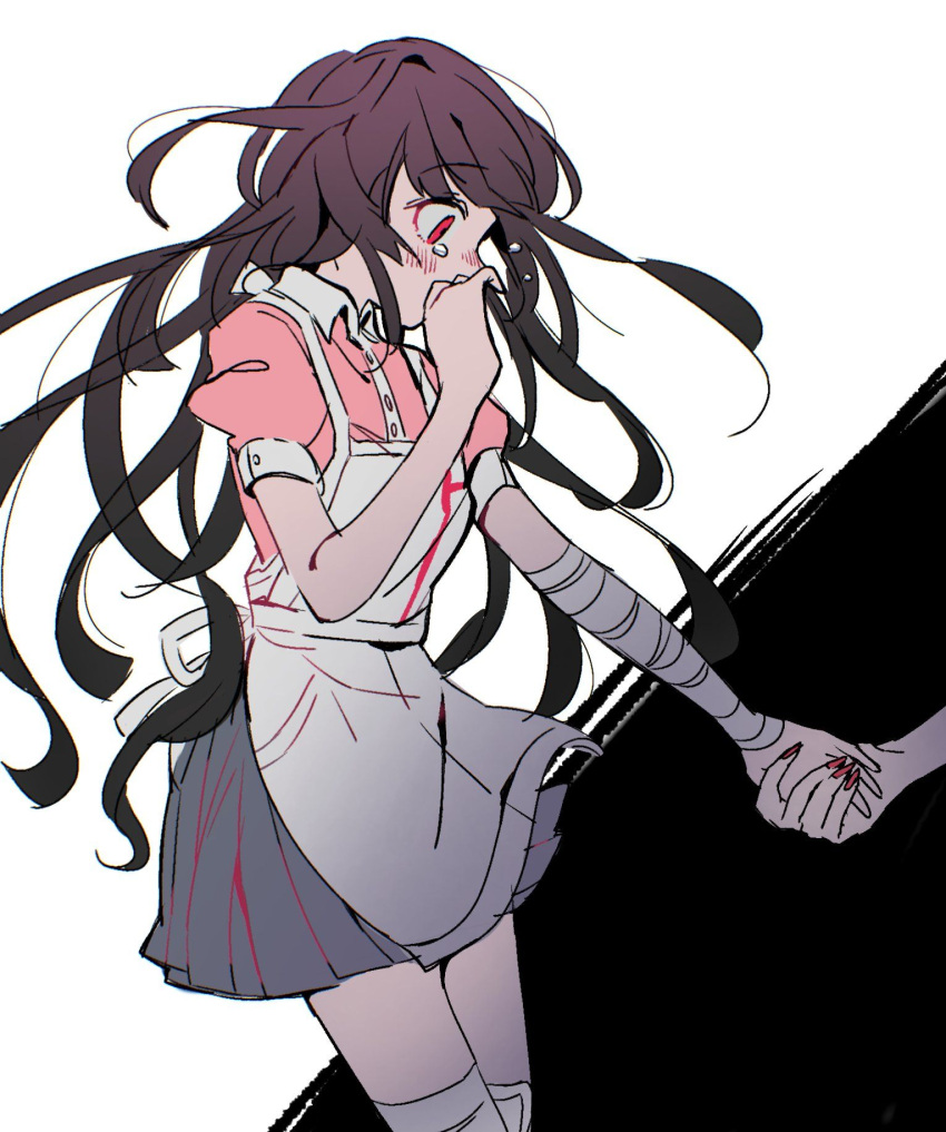 2girls apron back_bow bad_id bad_twitter_id bandaged_arm bandaged_knees bandages black_background blue_skirt blunt_bangs blush_stickers bow buttons collar collared_shirt commentary covering_own_mouth cowboy_shot crying crying_with_eyes_open danganronpa_(series) danganronpa_2:_goodbye_despair enoshima_junko highres holding_hands long_hair looking_at_hand miniskirt multiple_girls nail_polish pink_shirt pink_sleeves pleated_skirt puffy_short_sleeves puffy_sleeves purple_hair red_eyes red_nails ribbon shirt short_sleeves simple_background skirt solo_focus teardrop tears tsumiki_mikan two-tone_background very_long_hair white_apron white_background white_collar white_ribbon yuno_(ou35i)