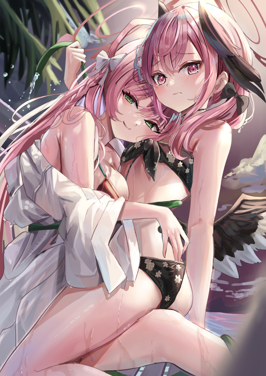 2girls 3: armpit_crease asymmetrical_docking bare_shoulders bikini bikini_under_clothes black_bikini black_bow blue_archive blurry blush bow braid breast_press breasts closed_mouth commentary depth_of_field eyelashes eyes_visible_through_hair feathered_wings feet_out_of_frame floral_print green_eyes hair_between_eyes hair_bow hair_over_shoulder half-closed_eyes halo hanako_(blue_archive) hanako_(swimsuit)_(blue_archive) head_wings highres holding holding_hose hose hug kneeling koharu_(blue_archive) koharu_(swimsuit)_(blue_archive) large_breasts long_hair looking_at_viewer medium_hair multiple_girls outdoors oversized_clothes oversized_shirt palm_leaf parted_lips pink_bikini pink_eyes pink_hair pink_halo print_bikini seductive_smile shirt shy sidelighting single_braid sitting sitting_on_lap sitting_on_person small_breasts smile straight_hair suidou_chaahan swimsuit thighs tsurime very_long_hair water water_drop wet white_bow wings