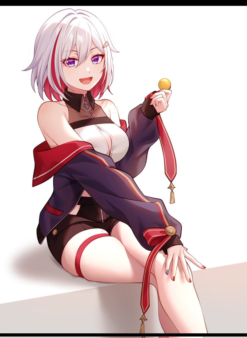 1girl bare_legs bare_shoulders black_shorts breasts colored_inner_hair commentary feet_out_of_frame hair_intakes highres honkai:_star_rail honkai_(series) medium_breasts midriff_peek multicolored_hair off_shoulder pochimaru_(marumaru_wanwan) purple_eyes red_hair shirt short_hair short_shorts shorts simple_background sitting sleeveless sleeveless_shirt solo streaked_hair thigh_strap thighs topaz_(honkai:_star_rail) white_background white_hair white_shirt