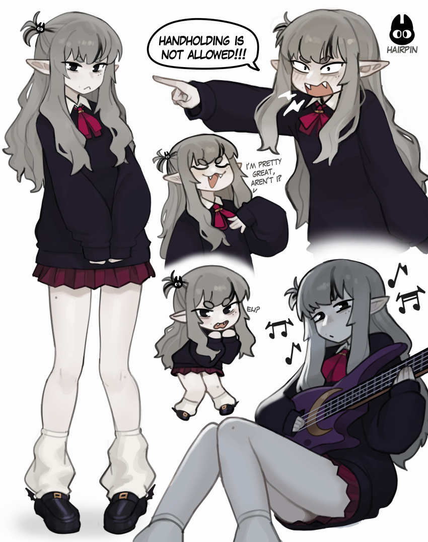 1girl :3 absurdres black_eyes blush fangs grey_hair guitar hair_ornament highres instrument justadrian_(yoadriandk) long_hair mavie_(justadrian) music musical_note open_mouth playing_instrument pleated_skirt pointing pointy_ears skirt smile sweater teeth vampire