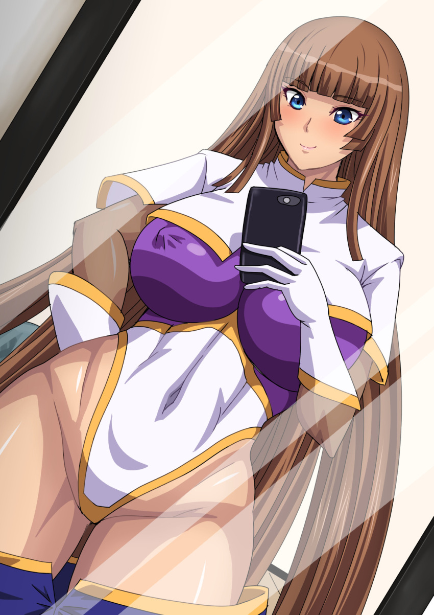 1girl blue_eyes blunt_bangs blush breasts brown_hair cellphone cosplay covered_navel covered_nipples gloves gundam gundam_seed gundam_seed_destiny highleg highleg_leotard highres holding holding_phone impossible_clothes impossible_leotard koukawa_asuka large_breasts leotard long_hair looking_at_phone meer_campbell meer_campbell_(cosplay) mirror mizutani_rin multicolored_leotard phone purple_leotard reflection selfie simple_background skin_tight skirt smartphone smile solo taimanin_(series) taimanin_rpgx taking_picture thong_leotard very_long_hair white_background white_leotard