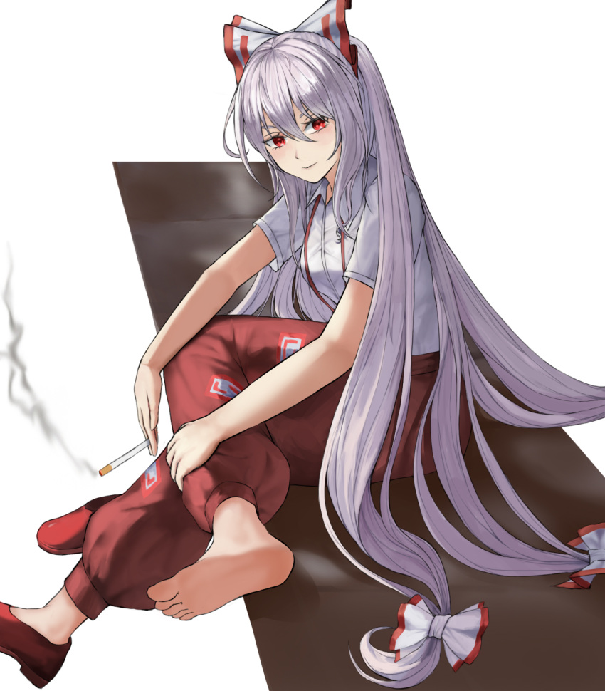 1girl barefoot bow breasts cigarette collared_shirt commentary feet figure_four_sitting from_side fujiwara_no_mokou full_body hair_between_eyes hair_bow highres holding holding_cigarette long_hair looking_at_viewer multiple_hair_bows ofuda ofuda_on_clothes pants ponko77144921 red_eyes red_footwear red_pants shirt shirt_tucked_in short_sleeves simple_background sitting small_breasts smile smoke solo suspenders touhou unworn_footwear very_long_hair white_background white_hair white_shirt