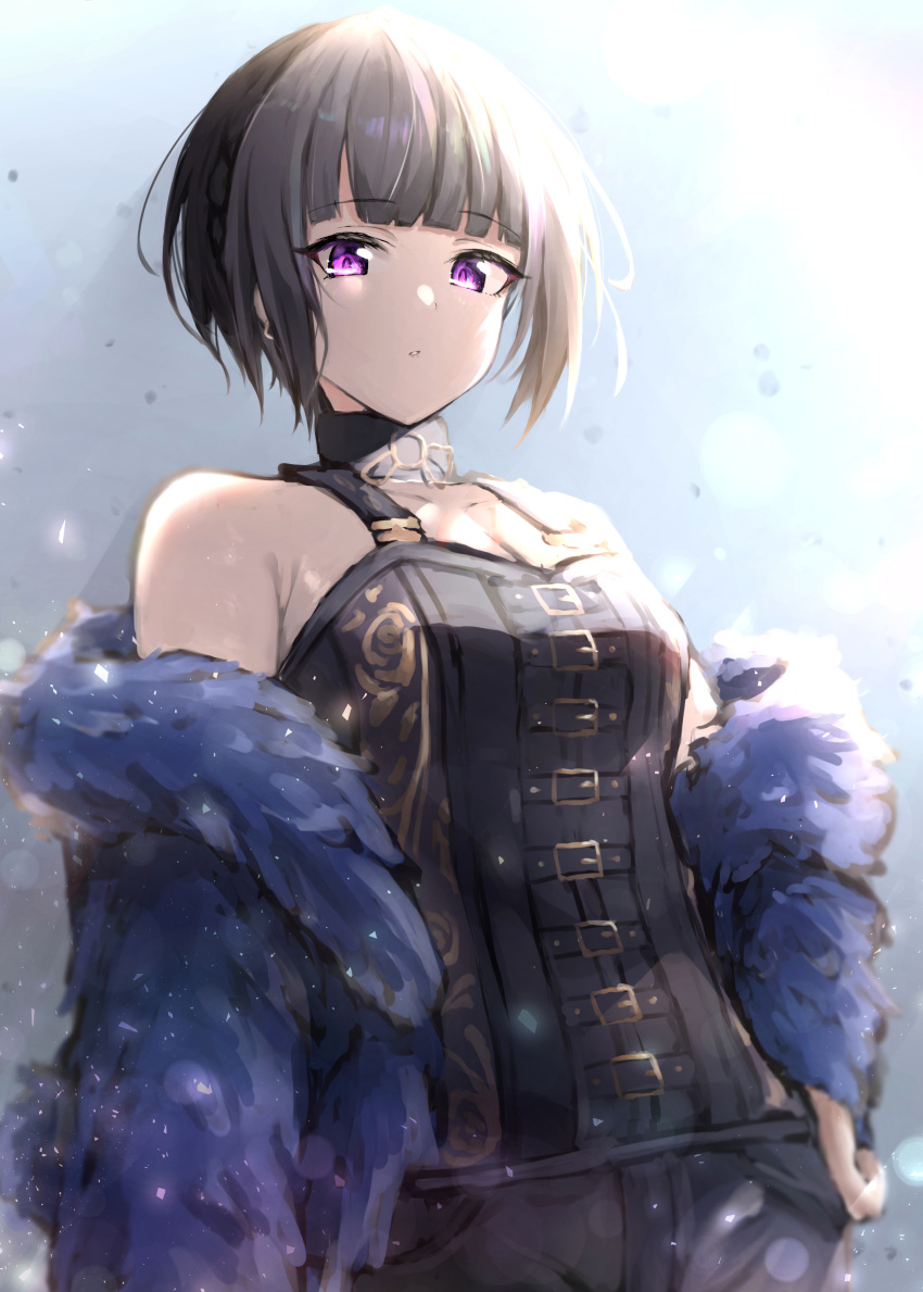 1girl absurdres bare_shoulders black_hair black_pants black_shirt blue_background blue_jacket blunt_bangs blush bob_cut breasts cleavage collarbone cowboy_shot dot_nose flat_chest fur_jacket hand_on_own_hip highres idolmaster idolmaster_cinderella_girls idolmaster_cinderella_girls_starlight_stage jacket light_particles looking_at_viewer off_shoulder pants parted_lips purple_eyes shirayuki_chiyo shirt short_hair simple_background sleeveless sleeveless_shirt solo standing tonguewasabi