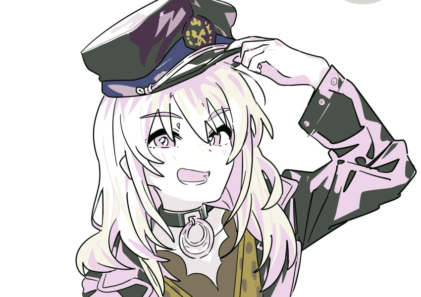 1girl adjusting_clothes adjusting_headwear black_choker black_hat black_jacket blonde_hair choker commentary girls_band_cry hashtag-only_commentary hat highres jacket kawaragi_momoka long_sleeves looking_at_viewer medium_hair military_hat open_mouth simple_background solo upper_body white_background ydpfa