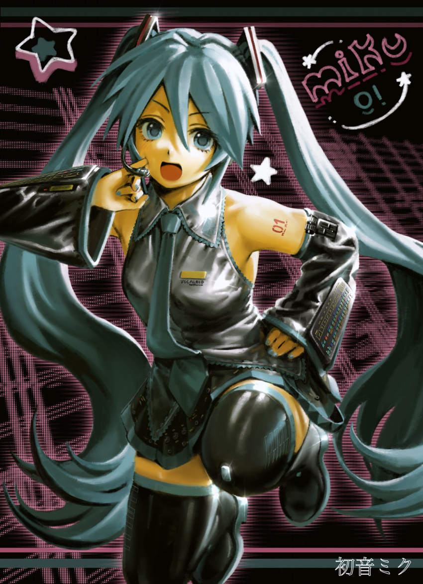 1girl aqua_hair black_skirt black_sleeves blue_eyes boots detached_sleeves grey_shirt hand_on_own_hip hatsune_miku highres hott0g111 long_hair miniskirt necktie number_tattoo open_mouth pleated_skirt shirt skirt sleeveless sleeveless_shirt solo tattoo thigh_boots twintails very_long_hair vocaloid