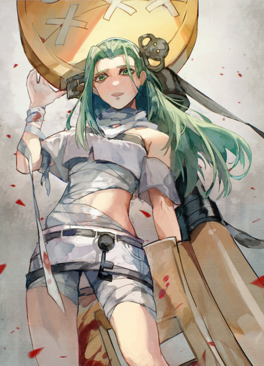 1girl a.b.a bags_under_eyes bandaged_chest bandaged_neck bandages bare_shoulders blood blood_on_bandages green_eyes green_hair guilty_gear guilty_gear_strive headband highres key key_in_head kmkzkoyomi long_hair looking_at_viewer object_through_head paracelsus_(guilty_gear) stitched_mouth stitches white_headband