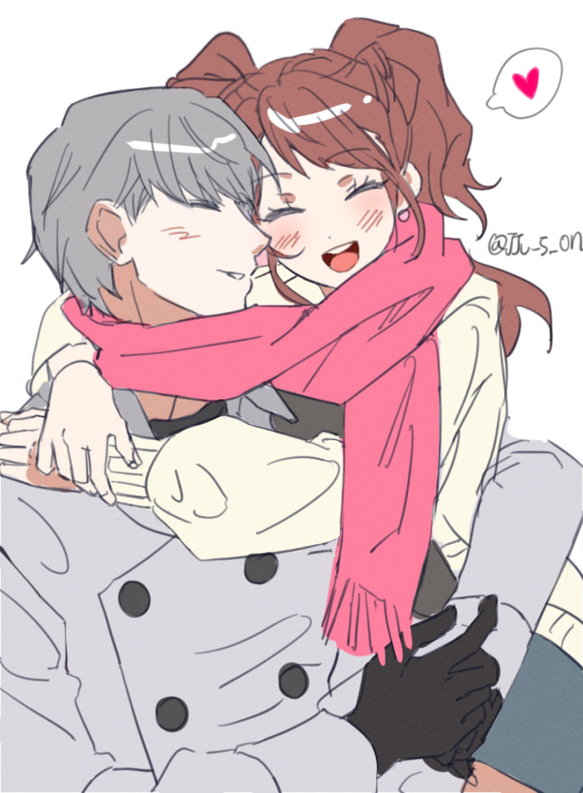 1boy 1girl :d ^_^ alternate_costume arm_around_waist arms_around_neck black_gloves blush brown_hair closed_eyes coat commentary_request couple gloves grey_coat grey_hair happy heart hetero highres hug joowon_(jju_oon) korean_commentary kujikawa_rise long_hair long_sleeves narukami_yuu open_mouth persona persona_4 profile short_hair simple_background sketch smile spoken_heart sweater teeth twintails twitter_username upper_teeth_only white_background winter_clothes yellow_sweater