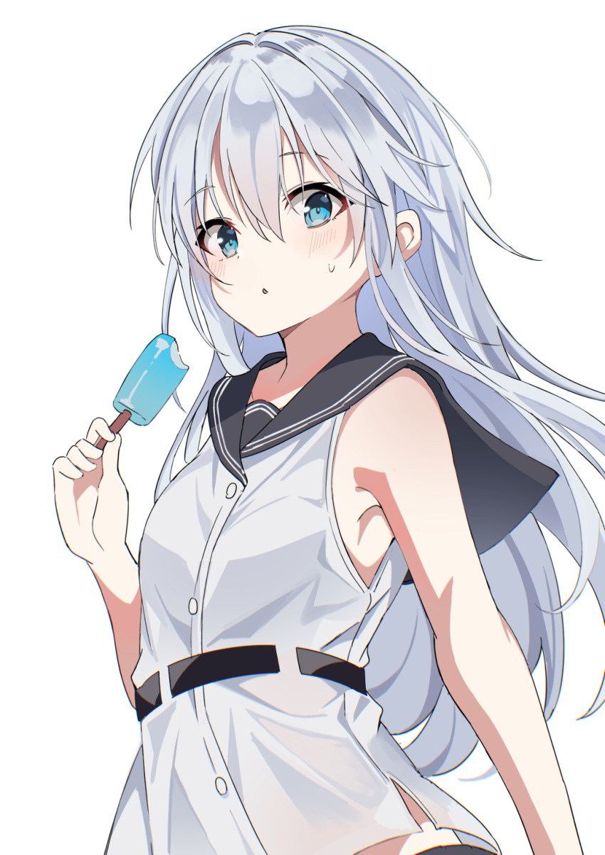 1girl adapted_costume belt black_belt black_sailor_collar blue_eyes fathom food grey_hair hair_between_eyes hibiki_(kancolle) highres holding holding_food holding_popsicle kantai_collection long_hair popsicle sailor_collar school_uniform serafuku shirt sleeveless sleeveless_shirt solo verniy_(kancolle) very_long_hair white_background white_shirt