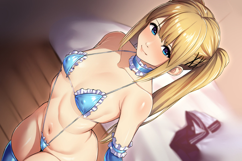 1girl bed bikini blonde_hair blue_bikini blue_eyes blue_gloves blue_thighhighs blurry breasts choker closed_mouth commentary covered_nipples dead_or_alive dead_or_alive_5 depth_of_field dutch_angle elbow_gloves frilled_choker frills gloves hadacra hair_ornament hair_ribbon indoors long_hair looking_at_viewer marie_rose navel ribbon shiny_skin sidelocks small_breasts smile solo standing swimsuit symbol-only_commentary thighhighs twintails unworn_clothes x_hair_ornament