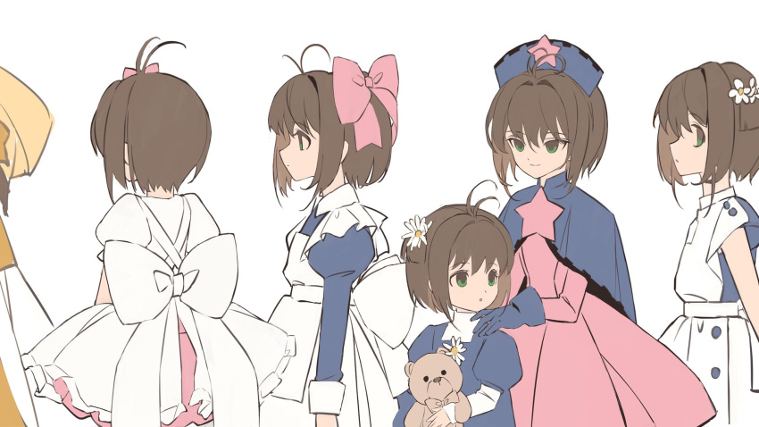 6+girls antenna_hair apron back_bow blue_capelet blue_dress bow brown_hair capelet cardcaptor_sakura chaaarity dress flower from_side green_eyes hair_bow hair_flower hair_ornament highres holding holding_stuffed_toy kinomoto_sakura looking_at_viewer looking_to_the_side multiple_girls pink_bow pink_dress puffy_sleeves short_hair standing stuffed_animal stuffed_toy teddy_bear three_quarter_view white_apron white_bow white_dress