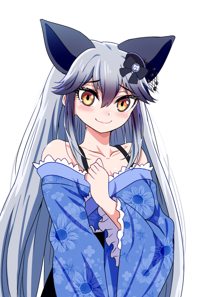 1girl animal_ears black_hair blush bra_strap extra_ears floral_print fox_ears fox_tail furisode grey_hair hair_between_eyes highres japanese_clothes kemono_friends kemono_friends_3 kimono long_hair long_sleeves looking_at_viewer mamiyama multicolored_hair obi official_alternate_costume orange_eyes print_kimono sash silver_fox_(kemono_friends) smile tail wide_sleeves