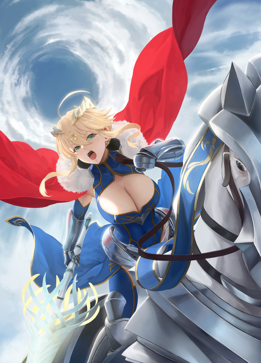 1girl absurdres ahoge armored_boots artoria_pendragon_(fate) artoria_pendragon_(lancer)_(fate) bare_shoulders blonde_hair blue_gloves blue_leotard blue_sky blue_thighhighs boots braid breasts cape cleavage cleavage_cutout clothing_cutout crown dun_stallion_(fate) elbow_gloves fate/grand_order fate_(series) french_braid fur-trimmed_cape fur_trim gloves green_eyes hair_between_eyes highleg highleg_leotard highres horse lance large_breasts leotard long_hair looking_at_viewer open_mouth polearm red_cape sidelocks sky solo thighhighs weapon yamaneko_(tkdrumsco)