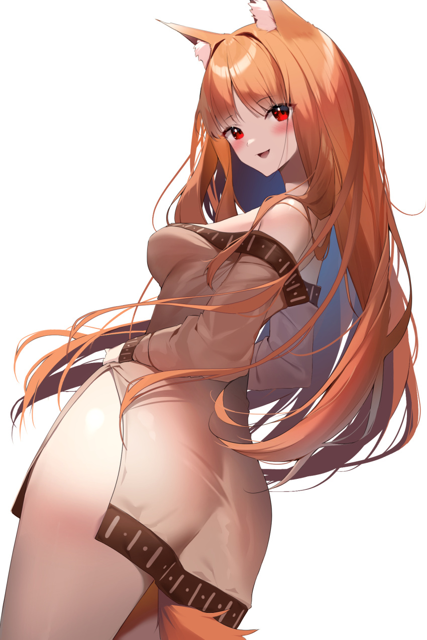 1girl :d alternate_costume animal_ear_fluff animal_ears ass bare_shoulders blush breasts brown_dress brown_hair commentary cowboy_shot curvy dress eyes_visible_through_hair floating_hair from_behind hair_intakes hair_over_shoulder happy highres hip_vent holo long_hair long_sleeves looking_at_viewer looking_back medium_breasts off-shoulder_dress off_shoulder open_mouth parted_bangs red_eyes shaoviie short_dress simple_background smile solo spice_and_wolf straight_hair tail thighs tsurime very_long_hair white_background wolf_ears wolf_girl wolf_tail