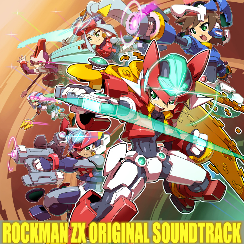 3boys 3girls aile_(mega_man_zx) aqua_hair arm_cannon armor ashe_(mega_man) black_bodysuit blonde_hair blue_hair blue_helmet blue_jacket bodysuit brown_hair copyright_name cropped_jacket crotch_plate dashing energy_blade energy_gun energy_sword everyone forehead_jewel glint glowing glowing_eyes green_eyes green_hair grey_(mega_man) grey_hair gun henshin high_ponytail highres holding holding_gun holding_scythe holding_staff holding_sword holding_weapon jacket light_blue_hair light_trail long_hair makoto_yabe mega_man_(series) mega_man_zx mega_man_zx_advent model_a_(mega_man) model_w_(mega_man) model_x_(mega_man) model_zx_(mega_man) multiple_boys multiple_girls official_art open_clothes open_jacket open_mouth outstretched_arms pandora_(mega_man) power_armor powering_up prometheus_(mega_man) purple_armor red_eyes red_helmet red_jacket robot_ears scar scar_on_face scythe short_hair skull-shaped_hat smile smirk spiked_hair staff sword vent_(mega_man) weapon white_armor