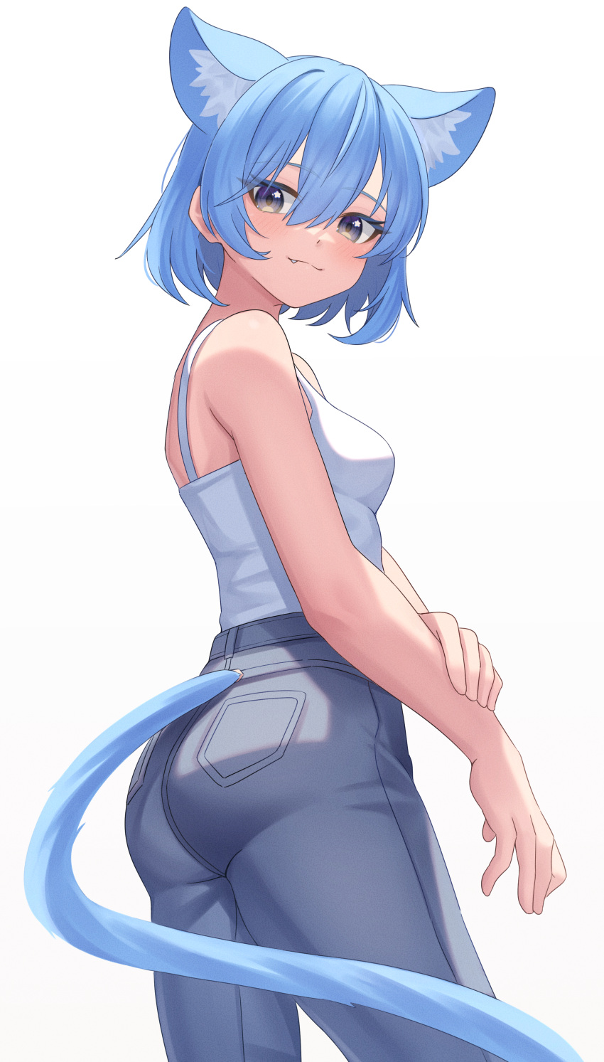 1girl absurdres animal_ears aoi_zerii bare_arms bare_shoulders blue_eyes blue_hair cat_ears cat_tail denim extra_ears fang grey_pants hair_between_eyes highres hololive hoshimachi_suisei jeans pants star_(symbol) star_in_eye symbol_in_eye tail tank_top virtual_youtuber white_background white_tank_top