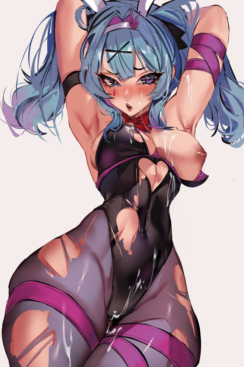 1girl absurdres animal_ears armpits arms_behind_head black_leotard blue_eyes blue_hair blush breasts clothing_cutout cum cum_on_body cum_on_breasts cutout_above_navel facial fake_animal_ears hair_intakes hair_ornament hatsune_miku heart heart-shaped_pupils heart_cutout highres impossible_clothes impossible_leotard leotard looking_at_viewer neck_ribbon one_breast_out open_mouth pantyhose playboy_bunny rabbit_ears rabbit_hole_(vocaloid) red_ribbon ribbon solo suliavtuber symbol-shaped_pupils teardrop_facial_mark thigh_strap torn_clothes torn_leotard torn_pantyhose twintails vocaloid x_hair_ornament