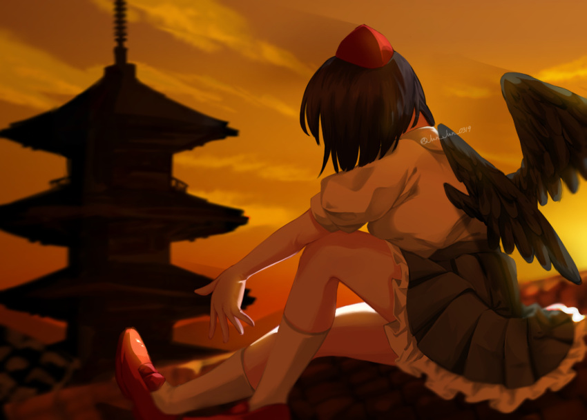 1girl bird_wings black_hair black_skirt black_wings breasts commentary_request feathered_wings frilled_skirt frills hat jun_jun_0319 kneehighs outdoors pagoda pleated_skirt puffy_short_sleeves puffy_sleeves red_footwear red_hat shameimaru_aya shirt short_hair short_sleeves sitting skirt small_breasts socks solo sunset tokin_hat touhou white_shirt white_socks wings