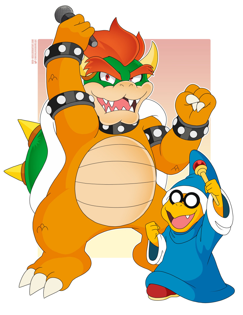 absurd_res anthro bowser claws clothing duo electronics eyewear glasses hair hi_res horn koopa looking_at_viewer magikoopa male mario_bros microphone nicolasgravelqc nintendo open_mouth open_smile red_hair scalie simple_background smile teeth wand