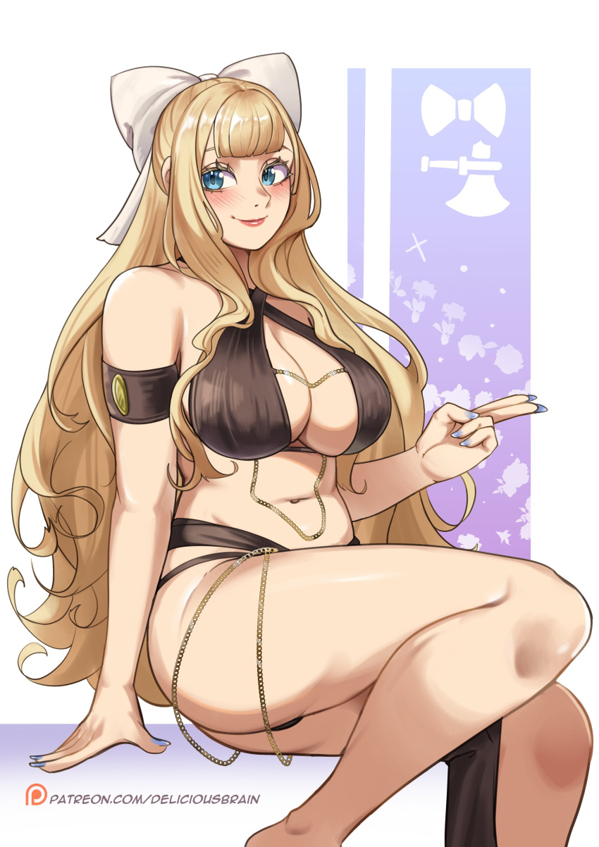 1girl absurdres artist_name blonde_hair blue_eyes blunt_ends breasts charlotte_(fire_emblem) criss-cross_halter deliciousbrain fire_emblem fire_emblem_fates hair_ribbon halterneck highres large_breasts long_hair looking_at_viewer meme_attire modakawa_dress nail_polish navel ribbon smile solo thighs white_ribbon