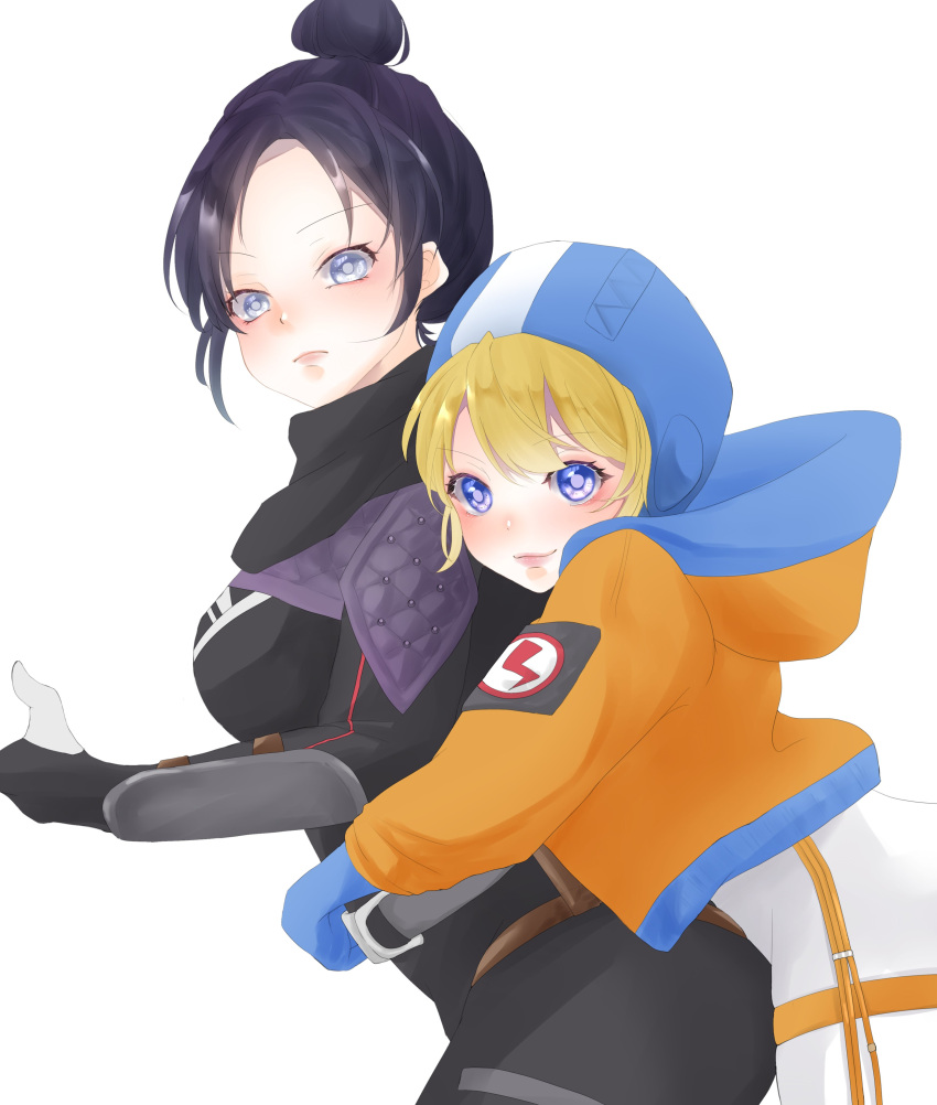 2girls absurdres animification anzu_(x_anzu_ill) apex_legends belt black_bodysuit black_gloves black_hair blonde_hair blue_eyes blue_gloves blush bodysuit breasts cable expressionless from_side gloves grey_belt grey_eyes hair_bun highres hood hood_down hood_up hooded_bodysuit hooded_jacket hug hug_from_behind jacket lightning_bolt_symbol medium_breasts multiple_girls orange_jacket parted_bangs single_hair_bun smile smug thigh_strap wattson_(apex_legends) white_bodysuit wraith_(apex_legends) yuri