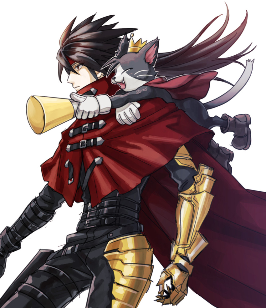 2boys animal_on_shoulder armor belt black_fur black_gloves black_hair black_pants black_shirt boots cait_sith_(ff7) cape cat cat_on_shoulder clawed_gauntlets cloak closed_mouth cowboy_shot crown facing_to_the_side fangs final_fantasy final_fantasy_vii final_fantasy_vii_rebirth final_fantasy_vii_remake gloves gold_armor hair_between_eyes headband highres holding holding_megaphone holster long_hair long_sleeves looking_to_the_side male_focus megaphone mini_crown multiple_belts multiple_boys open_mouth pants red_cape red_cloak red_eyes red_headband shirt siratakiumeeee thigh_holster two-tone_fur vincent_valentine white_background white_fur white_gloves