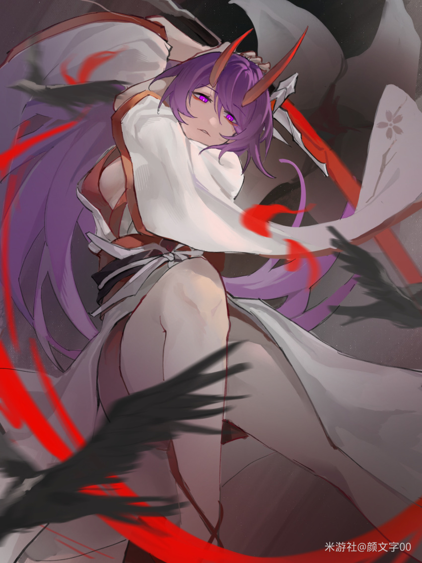 1girl acheron_(honkai:_star_rail) arm_up asymmetrical_horns bird highres holding holding_sword holding_weapon honkai:_star_rail honkai_(series) horns japanese_clothes kimono legs long_hair oajmrhxywlj3ugx obi official_alternate_costume purple_eyes purple_hair red_sash sash solo sword weapon white_kimono