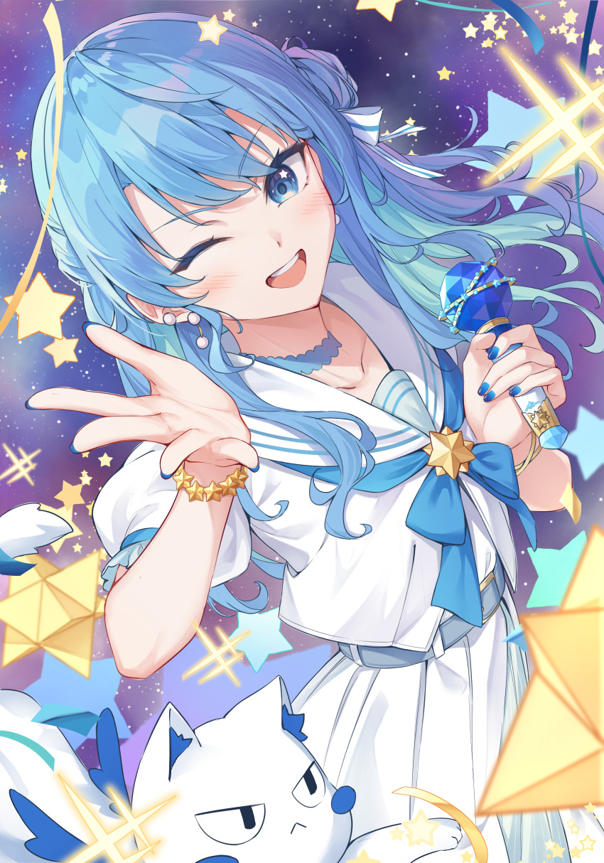 1girl ;d absurdres blue_choker blue_eyes blue_hair blue_nails blue_neckerchief bow choker collarbone earrings floating_hair hair_bow highres holding holding_microphone hololive hoshimachi_suisei hoshimachi_suisei_(school_uniform) jewelry looking_at_viewer microphone nail_polish neckerchief one_eye_closed open_mouth pleated_skirt sailor_collar sailor_shirt school_uniform serafuku shirt short_hair short_sleeves skirt smile solo tang-du virtual_youtuber white_bow white_sailor_collar white_serafuku white_shirt white_skirt