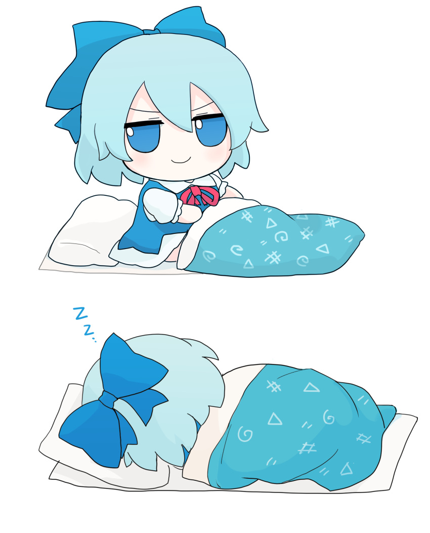 bed blue_bow blue_dress blue_eyes bow chest_bow chibi cirno dress fumo_(doll) hair_bow highres light_blush light_frown looking_at_viewer on_bed pillow rei_(tonbo0430) sleeping smile tagme touhou under_covers white_background zzz