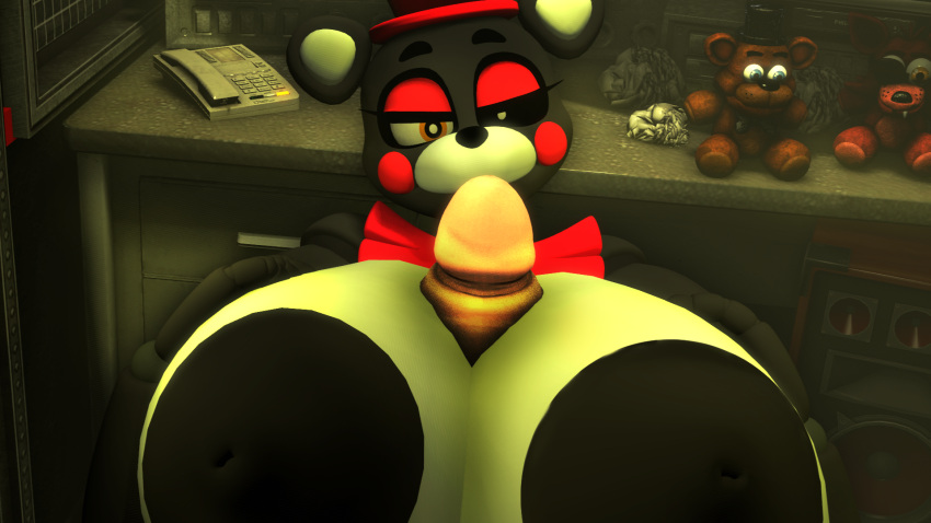 animatronic anthro bear big_breasts big_penis black_body bow_tie breast_play breasts brown_body canid canine cheek_dots clothed clothing desk digital_media_(artwork) duo electronics erection eyeshadow faceless_character faceless_human faceless_male female female_on_human five_nights_at_freddy's fox foxy_(fnaf) freddy_(fnaf) freddy_fazbear's_pizzeria_simulator furniture genitals hat headgear headwear hi_res huge_breasts human human_on_anthro humanoid_genitalia humanoid_penis interspecies leafytheleafer lefty_(fnaf) looking_at_genitalia looking_at_penis machine makeup male male/female mammal nipples nude partially_clothed penis phone plushie red_cheekdots red_eyeshadow robot robot_anthro scott_cawthon scottgames sex speaker table titfuck top_hat
