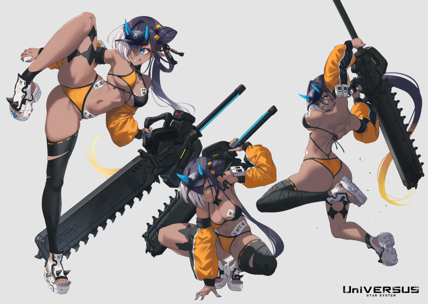 1girl ass bikini black_hair blue_eyes blue_horns blue_nails breasts cleavage dark-skinned_female dark_skin fukai_ryosuke full_body greatsword hair_bun hair_over_eyes highres holding holding_sword holding_weapon horns jumping medium_breasts multiple_views navel ofuda oni orange_bikini pointy_ears puffy_short_sleeves puffy_sleeves sandals short_sleeves simple_background single_thighhigh smile solo squatting standing standing_on_one_leg swimsuit sword thighhighs thighs visor_cap watermark weapon white_hair