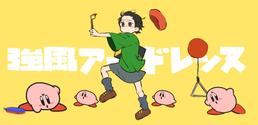 1girl adeleine beret black_hair brown_footwear colored_skin ga-chan24 grey_skirt hat instrument kirby kirby_(series) kyoufuu_all_back_(vocaloid) multiple_persona paintbrush pink_skin skirt triangle_(instrument) unworn_hat unworn_headwear wide_sleeves yellow_background