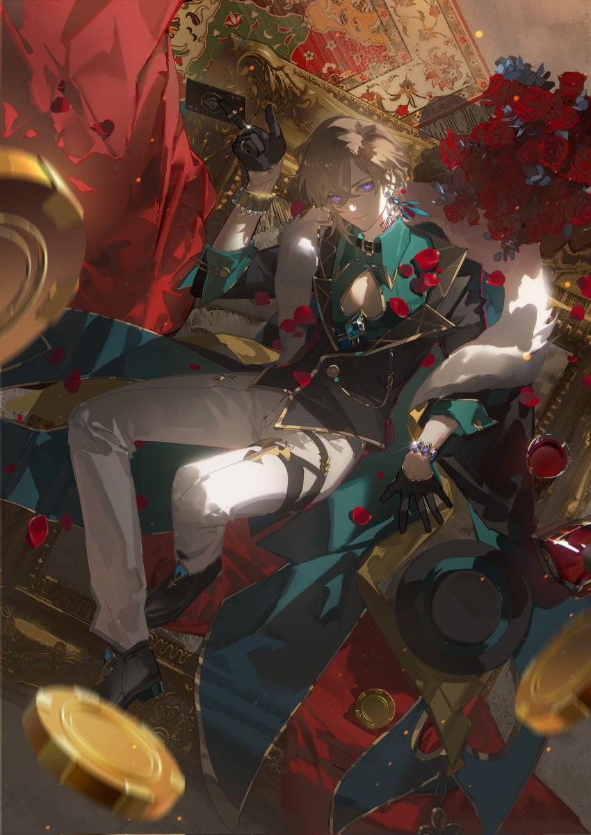 1boy aqua_shirt aventurine_(honkai:_star_rail) black_footwear black_gloves blonde_hair bracelet card closed_mouth clothing_cutout collared_shirt earrings flower fur_trim gloves highres holding holding_card honkai:_star_rail honkai_(series) jewelry looking_at_viewer male_focus multicolored_eyes neck_tattoo pants playing_card red_flower red_rose ring rose shirt short_hair shuangbatian sitting solo tattoo two-tone_eyes watch white_pants wristwatch