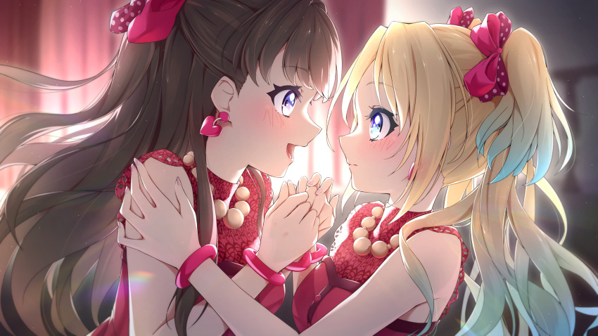 2girls absurdres backlighting bead_necklace beads blonde_hair blue_eyes blue_hair blurry blurry_background blush bow breasts brown_hair commentary_request do!_do!_do!_(love_live!) dress earrings eye_contact face-to-face fujishima_megumi gradient_hair hair_bow hand_on_another's_hand hand_on_another's_shoulder heart heart_earrings highres jewelry lens_flare light_blue_hair light_particles link!_like!_love_live! long_hair looking_at_another love_live! medium_breasts multicolored_hair multiple_girls necklace open_mouth osawa_rurino own_hands_together polka_dot polka_dot_bow prbili purple_eyes red_bow red_bracelet red_dress sleeveless sleeveless_dress smile twintails two_side_up virtual_youtuber yuri