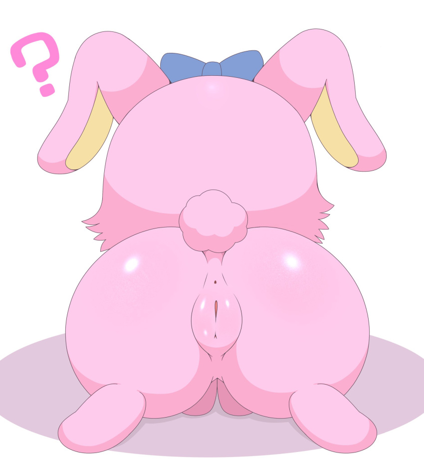 accessory all_fours anthro anus azuo blue_bow bow_ribbon butt female fur genitals hair_accessory hair_bow hair_ribbon hi_res jewelpet lagomorph leporid luna_(jewelpet) mammal pink_body pink_fur plump_labia presenting presenting_hindquarters presenting_pussy pussy question_mark rabbit rear_view ribbons sanrio sega_toys simple_background solo white_background