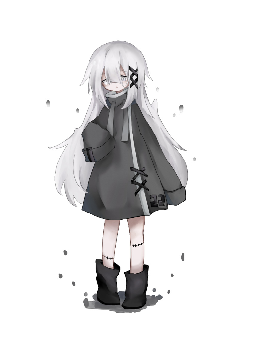 1girl black_footwear boots coat drawstring full_body grey_coat grey_eyes grey_hair hair_ornament high_collar highres long_bangs long_hair long_sleeves looking_at_viewer original parted_lips simple_background sleeves_past_fingers sleeves_past_wrists solo soragiri_tudu sotofu_(so_hu) standing stitched_leg stitches tachi-e transparent_background utau very_long_hair x_hair_ornament