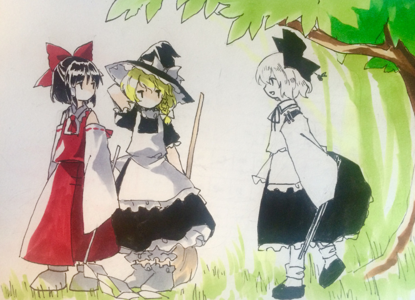 1girl absurdres black_bow black_footwear black_hair black_shirt black_skirt blonde_hair bloomers bobby_socks bow bow_(music) broom commentary_request detached_sleeves embodiment_of_scarlet_devil frilled_skirt frills gohei grass hair_bow hakurei_reimu highres holding holding_broom japanese_clothes jitome kaigen_1025 kariginu kirisame_marisa long_sleeves monochrome outdoors red_bow red_skirt red_vest satsuki_rin shirt short_hair skirt sleeveless sleeveless_shirt sleeves_past_fingers sleeves_past_wrists socks touhou tree vest white_bloomers white_hair white_shirt white_sleeves white_socks wide_sleeves