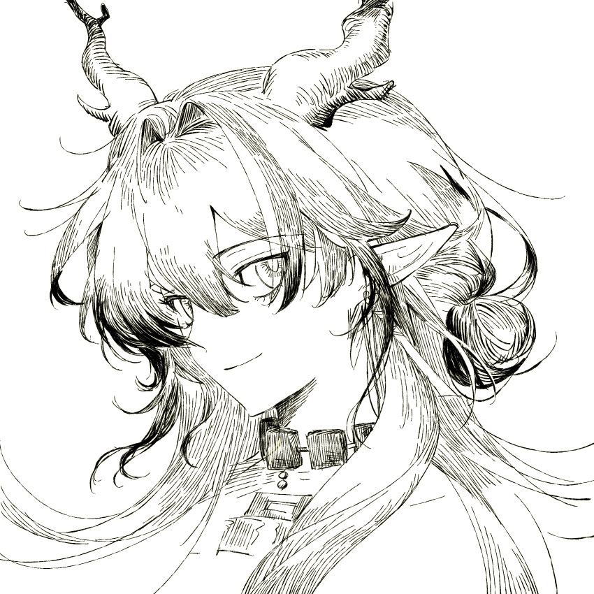 16shiliuyu_(shang_shan_yu) 1girl arknights chinese_commentary closed_mouth commentary_request dragon_girl dragon_horns earrings eyes_visible_through_hair greyscale hair_between_eyes hair_intakes hatching_(texture) highres horns jewelry linear_hatching lineart long_hair looking_at_viewer monochrome necklace pointy_ears portrait shu_(arknights) simple_background smile solo white_background