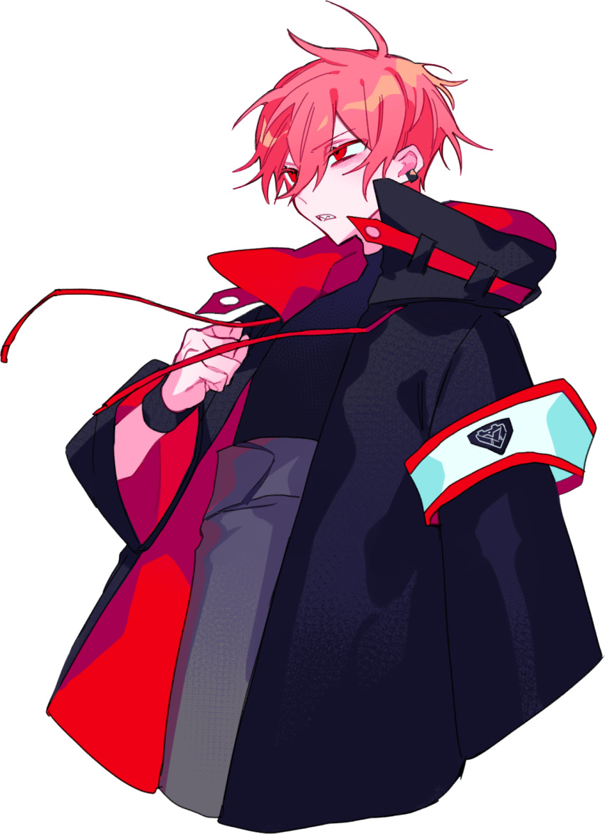 1boy armband baggy_pants black_armband black_jacket black_shirt borrowed_character clenched_hand commentary_request earrings grey_pants high-waist_pants highres himanemuitoma jacket jewelry jiro_nito long_sleeves messy_hair nitro_(vocaloid) official_art original pants red_eyes red_hair sharp_teeth shirt short_hair solo teeth transparent_background turtleneck vocaloid