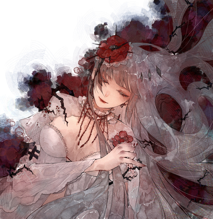 1girl blunt_bangs branch breasts breasts_apart collar coquelic_(path_to_nowhere) detached_sleeves flower frilled_collar frills gem half-closed_eyes highres jewelry looking_to_the_side medium_breasts necklace nightgown path_to_nowhere poppy_(flower) red_eyes red_flower red_gemstone red_lips sideways_glance siyuanzi smile solo upper_body white_hair white_nightgown