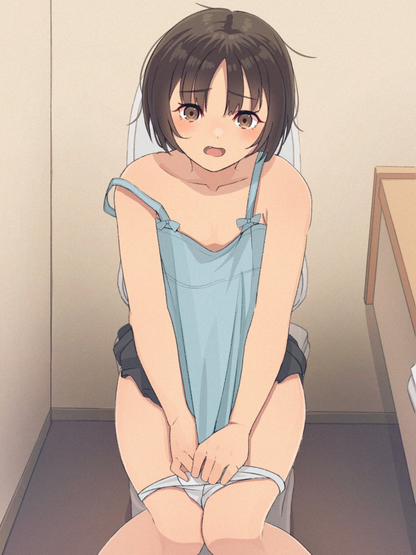 1girl amagami bare_arms bare_shoulders black_skirt blue_camisole blush brown_eyes brown_hair camisole camisole_pull clothes_pull collarbone fang highres indoors looking_at_viewer messy_hair on_toilet open_mouth panties panty_pull pulled_by_self ryo_taton short_hair sitting skirt solo strap_slip tachibana_miya toilet toilet_use underwear white_panties