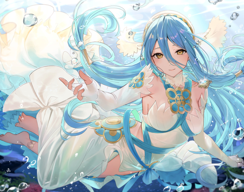 1girl azura_(fire_emblem) barefoot blue_hair breasts commentary_request dress elbow_gloves fingerless_gloves fire_emblem fire_emblem_fates floating_hair gloves hair_between_eyes hairband haru_(nakajou-28) jewelry long_hair looking_at_viewer medium_breasts smile solo submerged swimming toes underwater veil very_long_hair water white_dress yellow_eyes